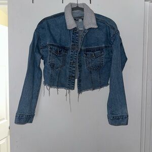 Forever 21 Blue Denim Crop Jacket with White Sherpa Collar